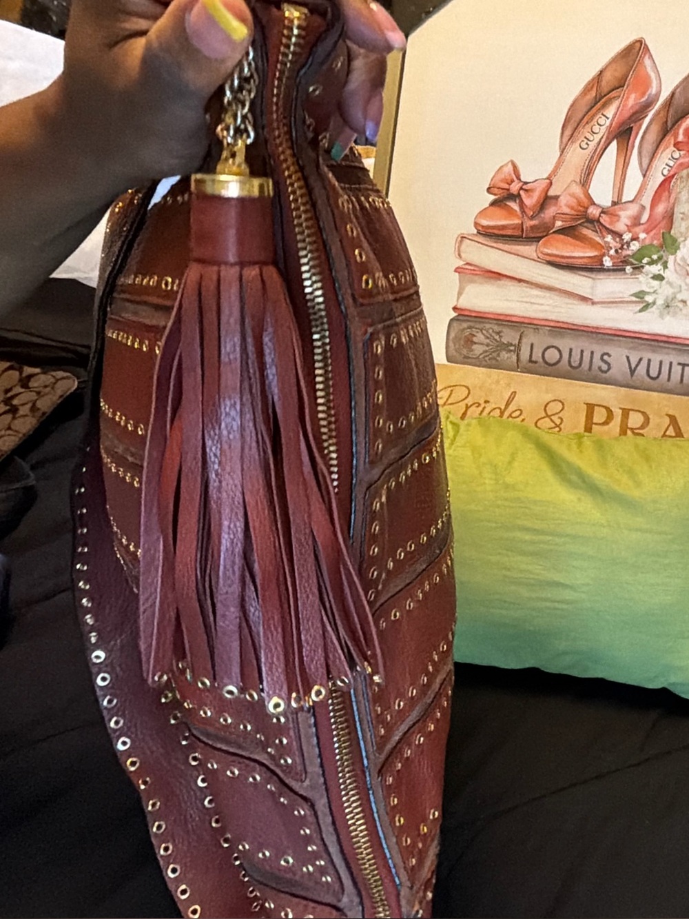 Michael Kors Astor Burgundy Pebbled Leather Grommet Tassel Shoulder Bag - Picture 14 of 16